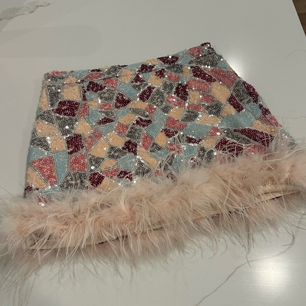 Mosaic Sequin Mini Skirt with Feather Trim